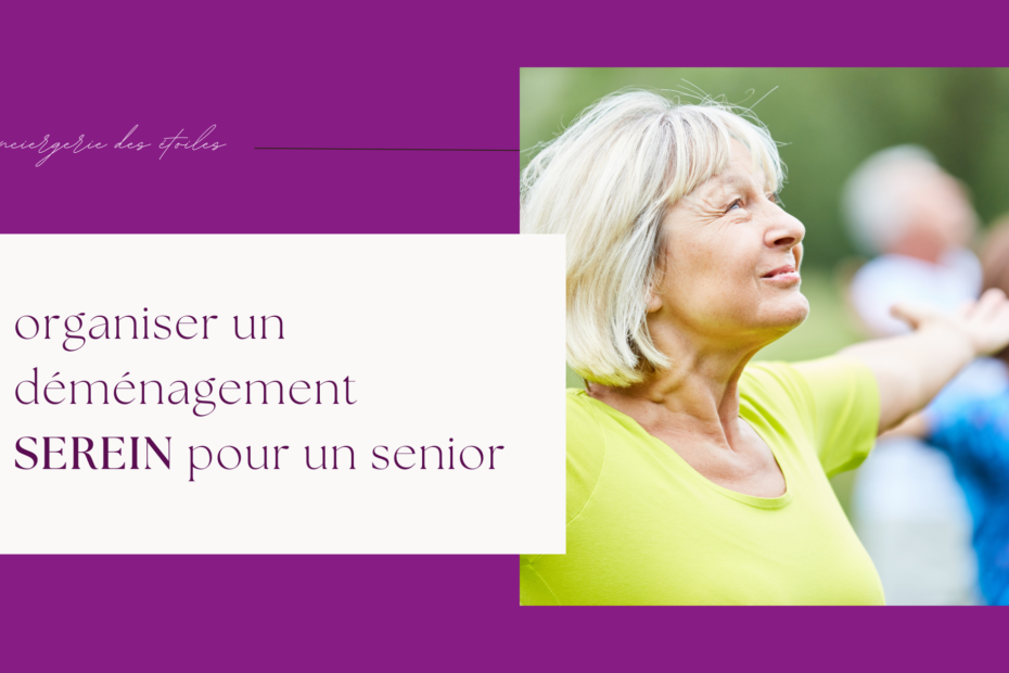 Femme senior sereine parce qu’on s’occupe de son déménagement pendant qu’elle fait du yoga
